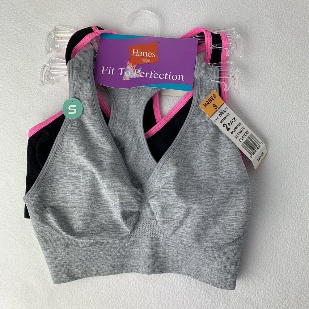 New Hanes Fit To Perfection Small Black Gray Yoga Sports Bra 2 Pack